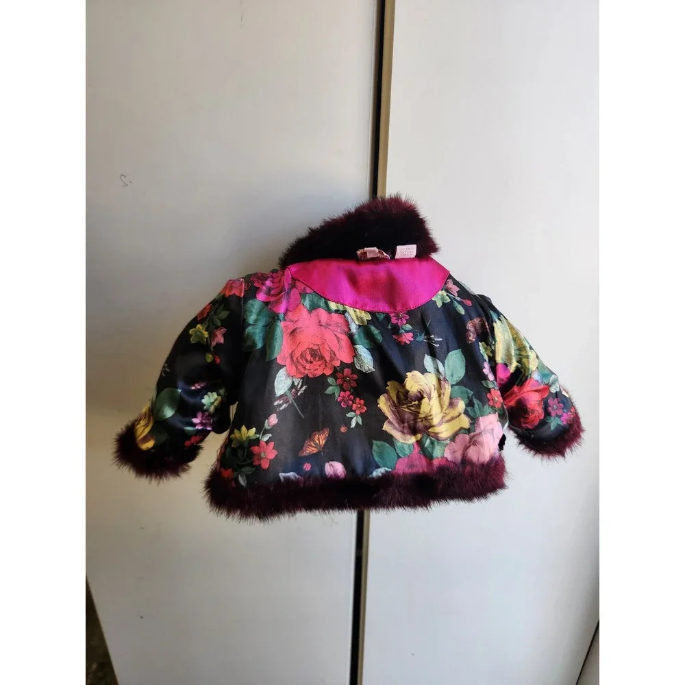 Baker by Ted Baker Faux Fur Bolero Jacket Burgundy Floral Lining 18-24M‎
